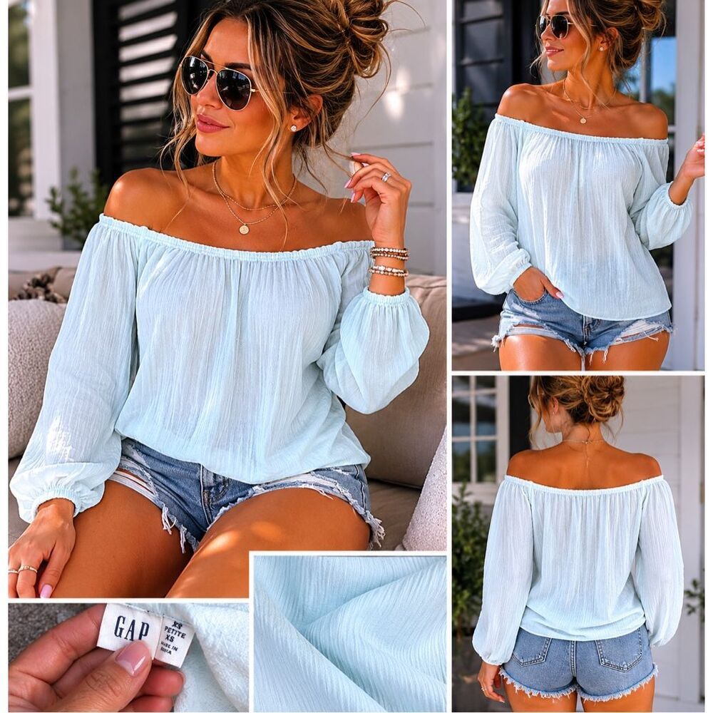GAP Baby Blue Off Shoulder Boho Peasant Blouse XS Petite Summer Top